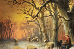 Schafe mit Frau im Wald - Ein Gemälde von Friedrich August de Leuw